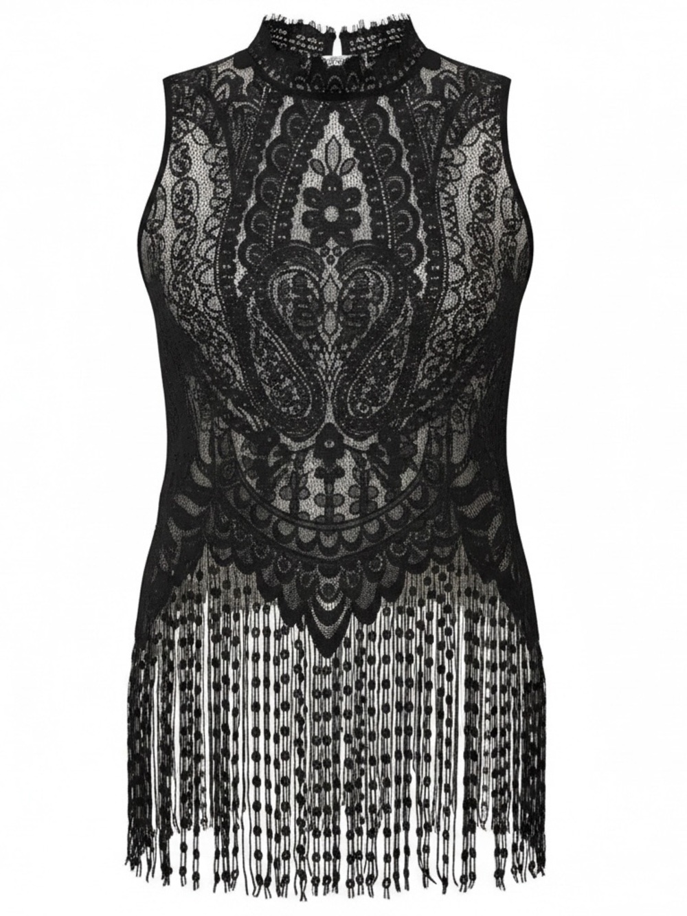 Black Lace High-Neck Fringe Top